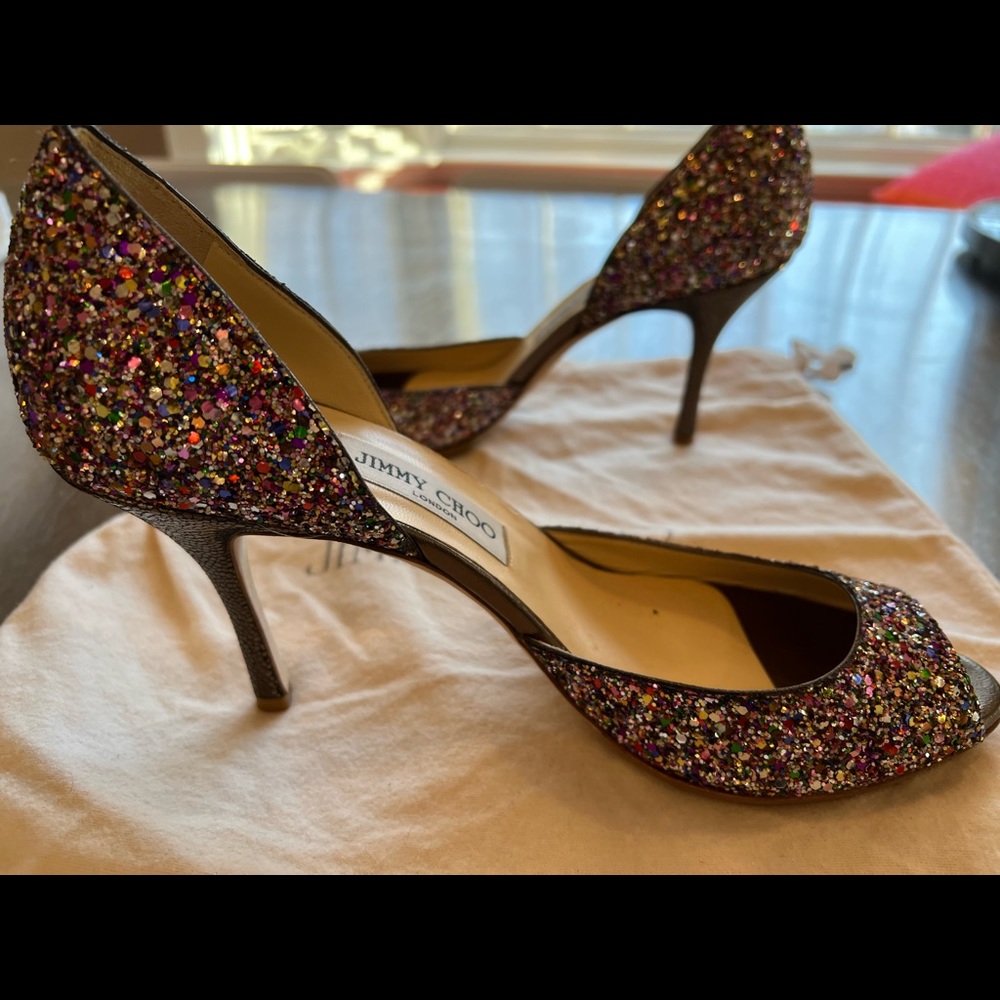 Super fun Jimmy Choo multi-color sparkle, open-toe d’orsay. Size 41.
